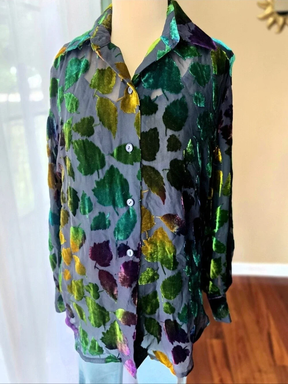 Vintage Burnout Velvet Blouse Tank Set Sheer Jewel Tone Leaves Whimsigoth Large
